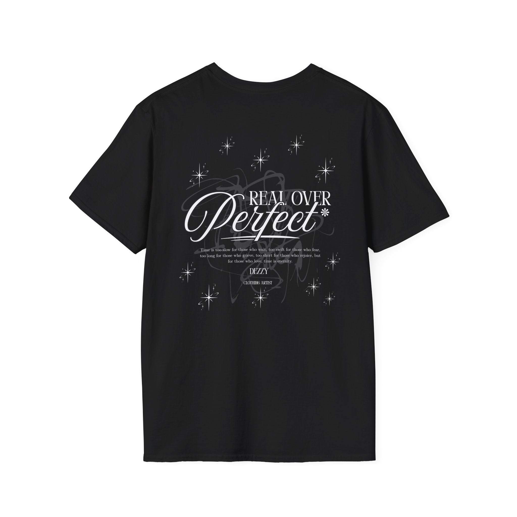 Real Over Perfect Graphic T-Shirt — Sparkle Typography Back Print